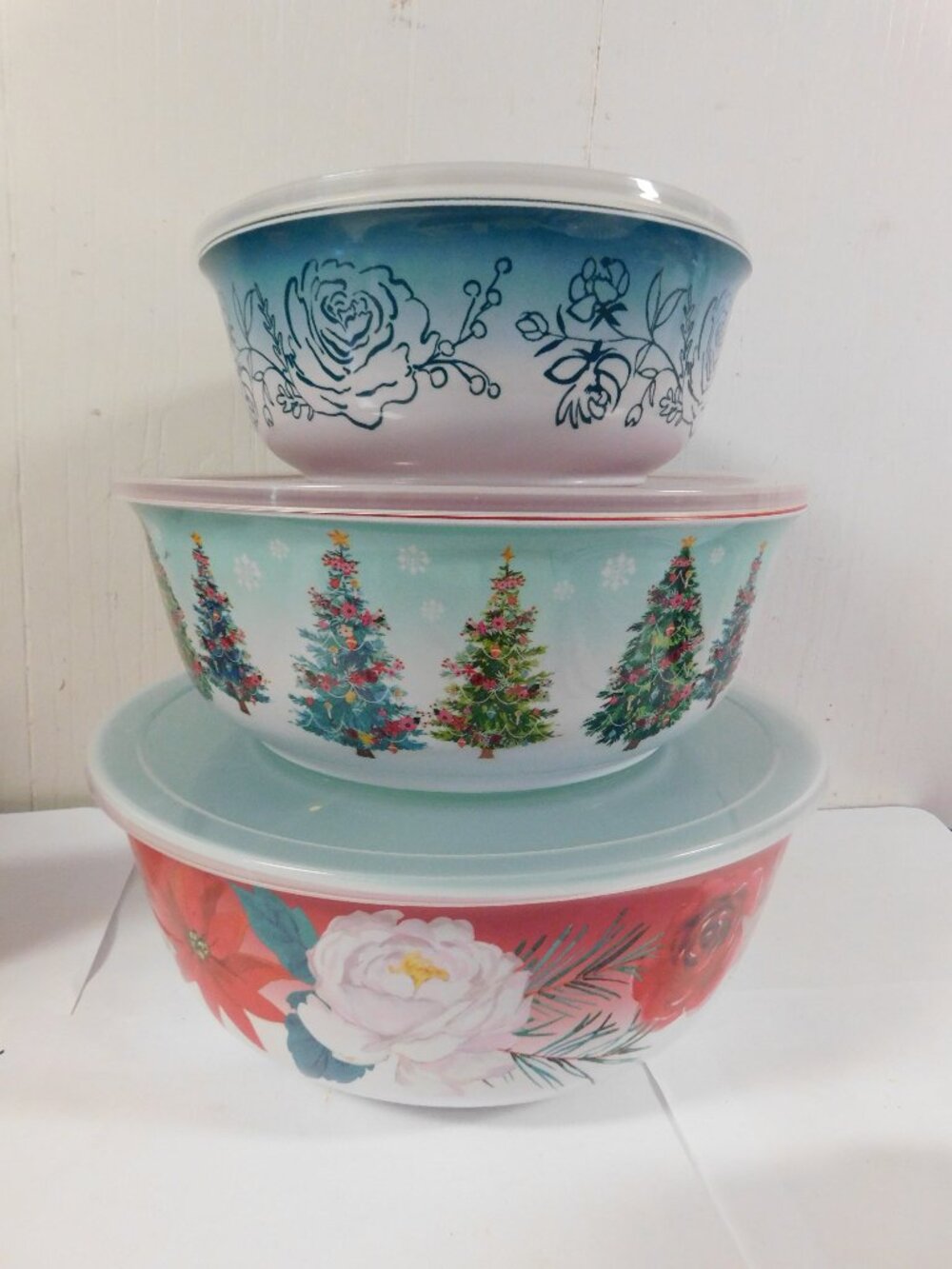 Pioneer Woman 3 pc Melamine Holiday Themed Mixing /Serving Bowl Set with Lids